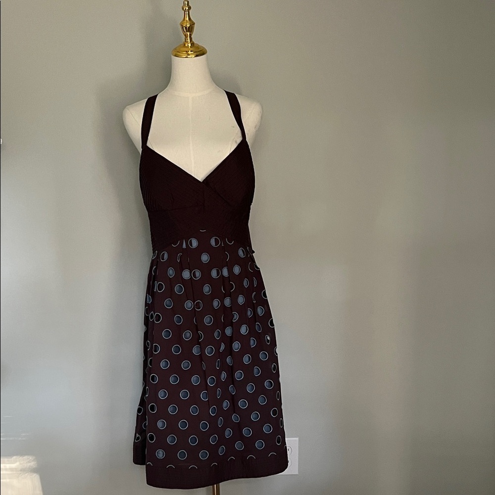Eliza J Chocolate Brown Dress with Blue Polka Dots